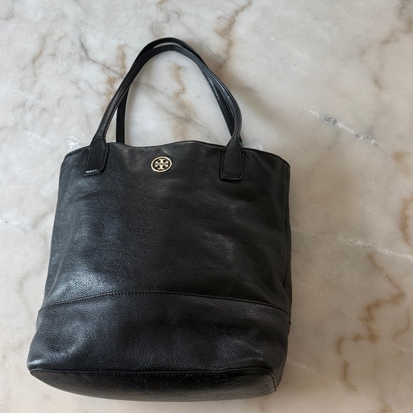 Tory Burch Michelle Leather Black Tote Bag Gold Logo - Picture 6 of 14